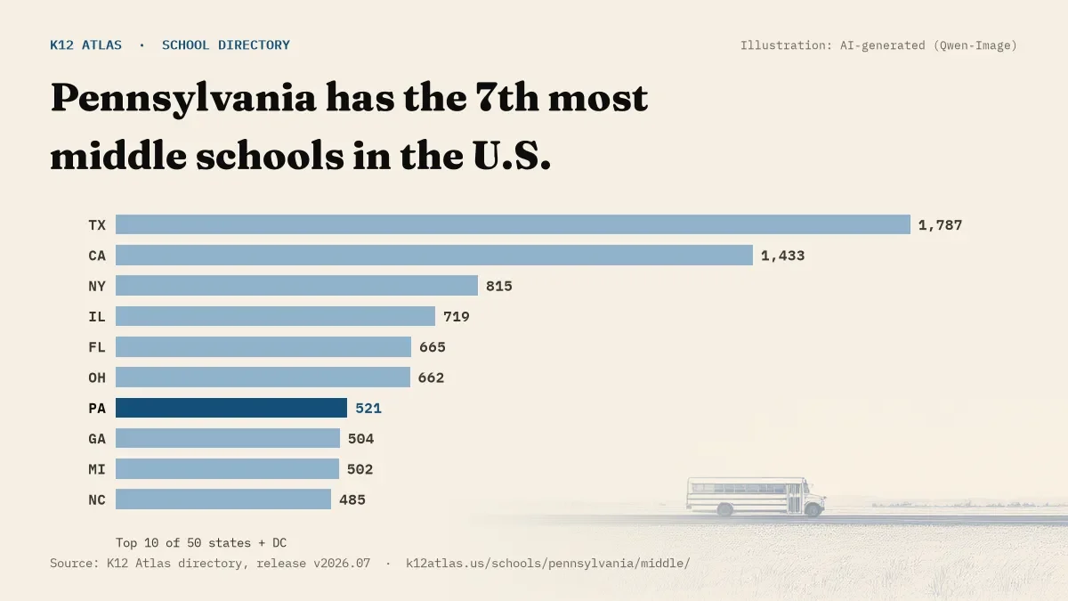 Bar chart of the states with the most middle schools: Pennsylvania has the 7th most of the 50 states and DC, with 521.