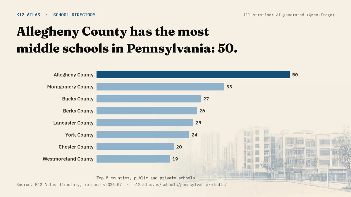 Bar chart of Pennsylvania counties by number of middle schools: Allegheny County has the most, 50.
