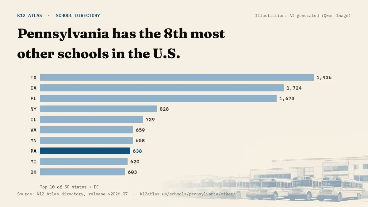 Bar chart of the states with the most other schools: Pennsylvania has the 8th most of the 50 states and DC, with 638.