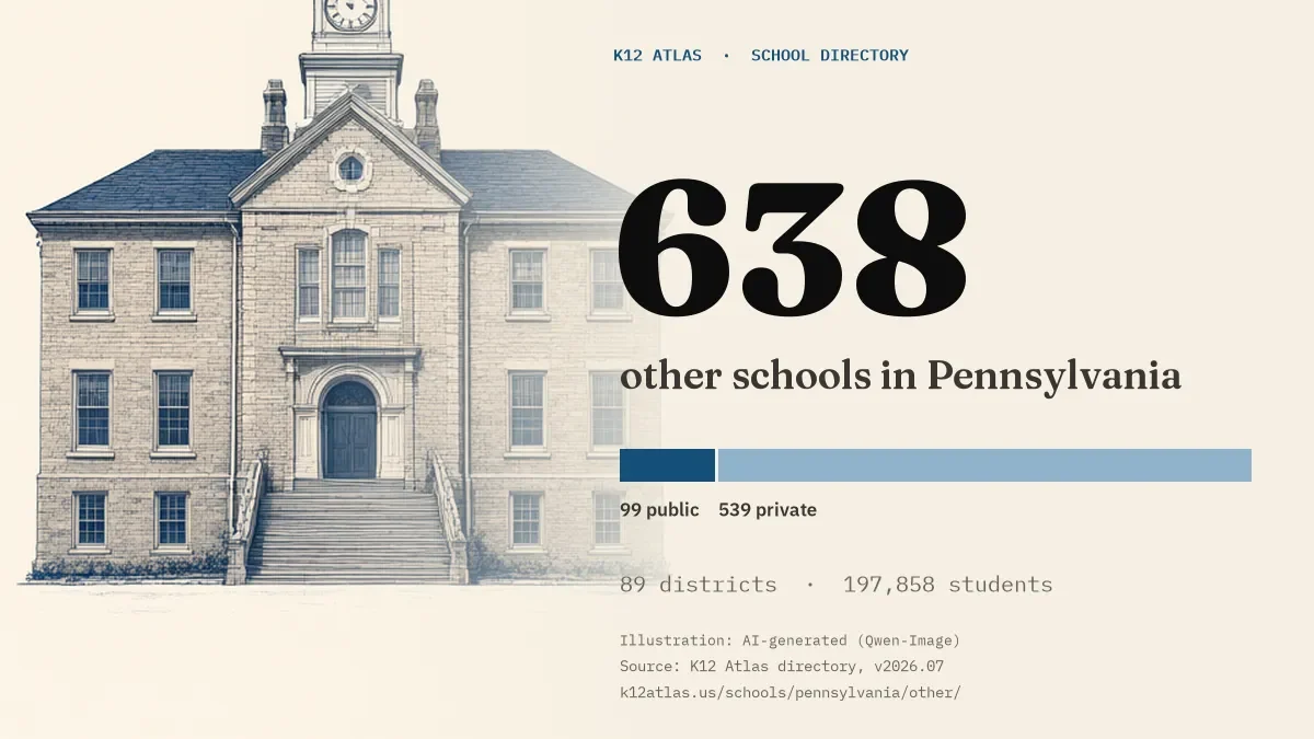 638 other schools in Pennsylvania: 99 public and 539 private, across 89 districts with 197,858 students.