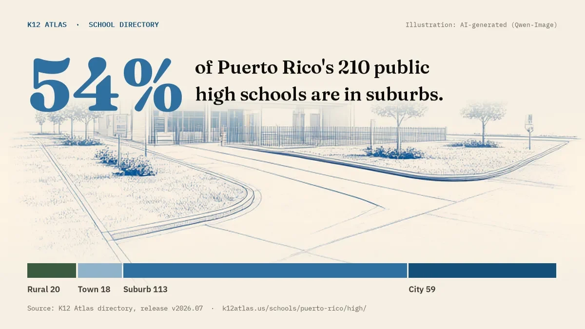 54% of Puerto Rico's 210 public high schools are in suburbs (rural 20, town 18, suburb 113, city 59).