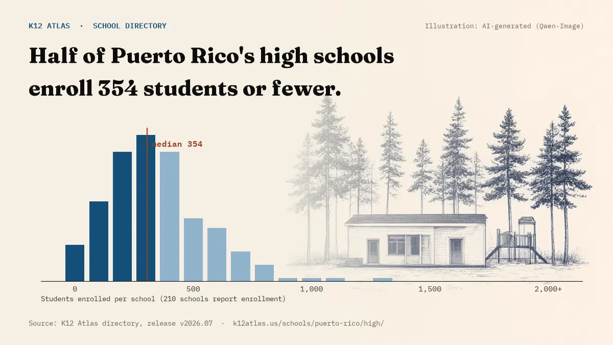 Histogram of enrollment: half of Puerto Rico's high schools enroll 354 students or fewer (210 schools report enrollment).