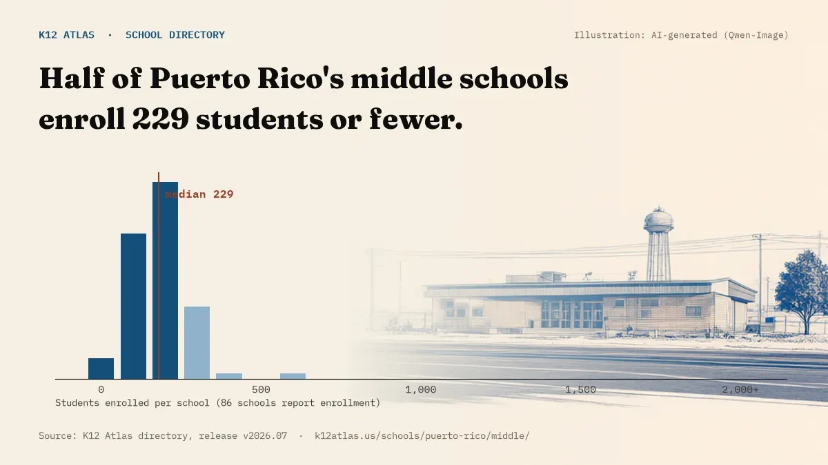 Histogram of enrollment: half of Puerto Rico's middle schools enroll 229 students or fewer (86 schools report enrollment).