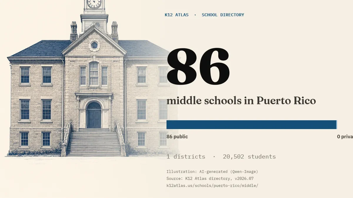 86 middle schools in Puerto Rico: 86 public and 0 private, across 1 districts with 20,502 students.
