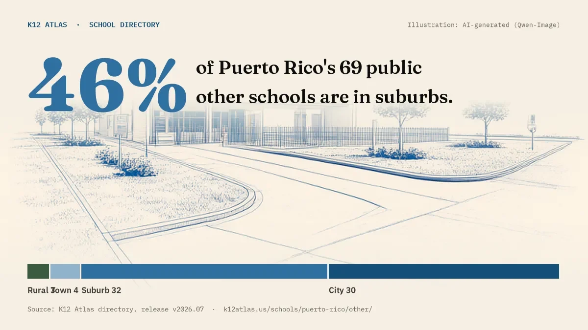 46% of Puerto Rico's 69 public other schools are in suburbs (rural 3, town 4, suburb 32, city 30).