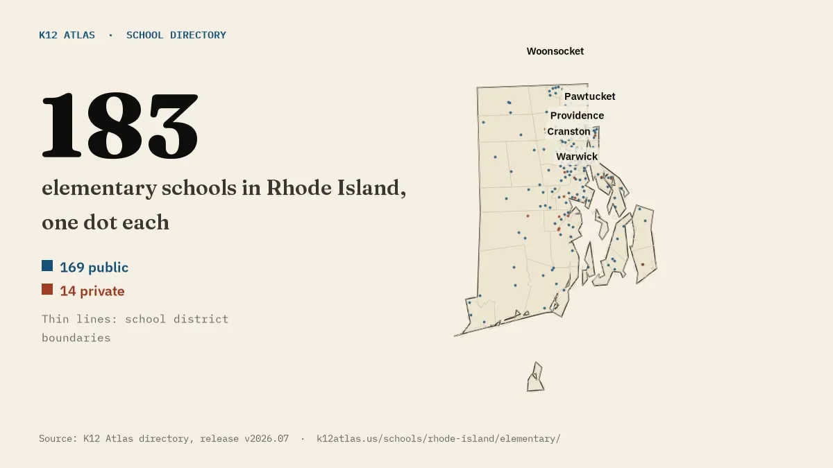 Map of Rhode Island with one dot for each of its 183 mapped elementary schools, over school district boundaries.