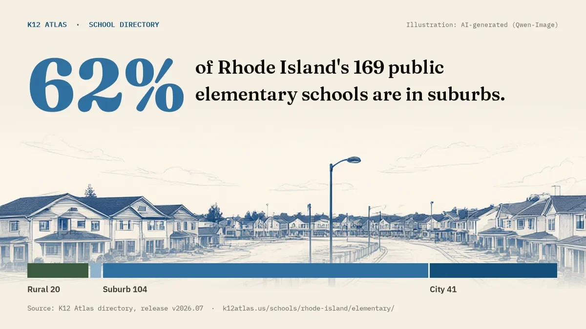 62% of Rhode Island's 169 public elementary schools are in suburbs (rural 20, town 4, suburb 104, city 41).