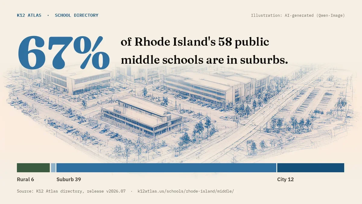 67% of Rhode Island's 58 public middle schools are in suburbs (rural 6, town 1, suburb 39, city 12).