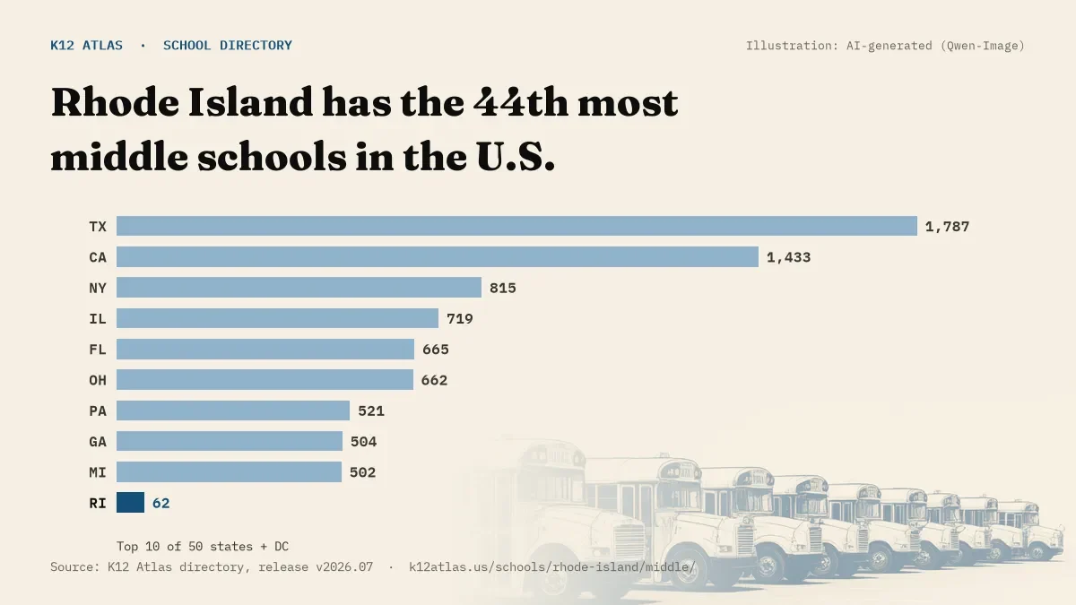 Bar chart of the states with the most middle schools: Rhode Island has the 44th most of the 50 states and DC, with 62.
