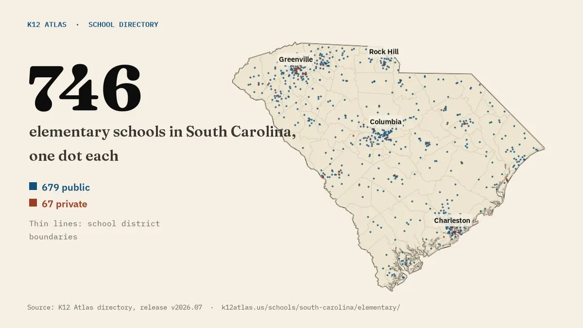 Map of South Carolina with one dot for each of its 746 mapped elementary schools, over school district boundaries.