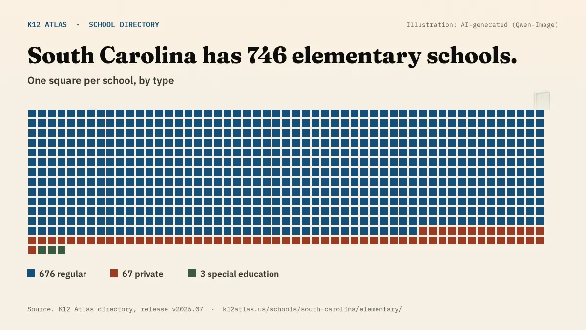 Waffle chart: South Carolina has 746 elementary schools, one square per school, coloured by type (Regular School 676, Private School 67, Special Education School 3).