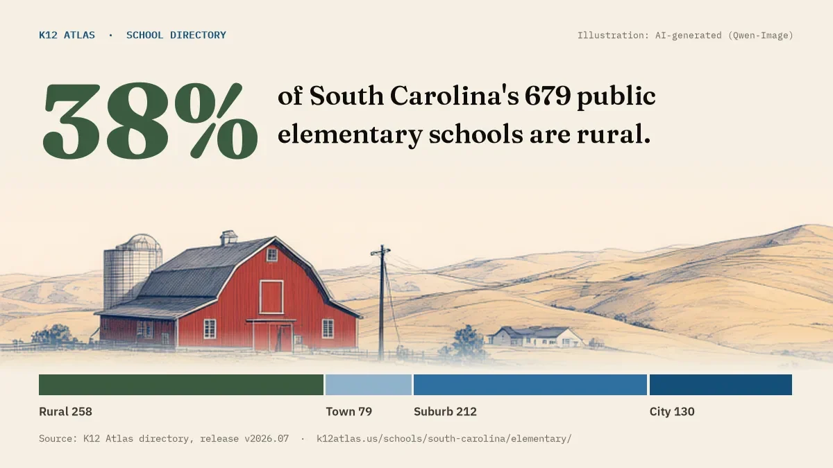 38% of South Carolina's 679 public elementary schools are rural (rural 258, town 79, suburb 212, city 130).