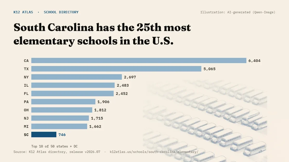 Bar chart of the states with the most elementary schools: South Carolina has the 25th most of the 50 states and DC, with 746.