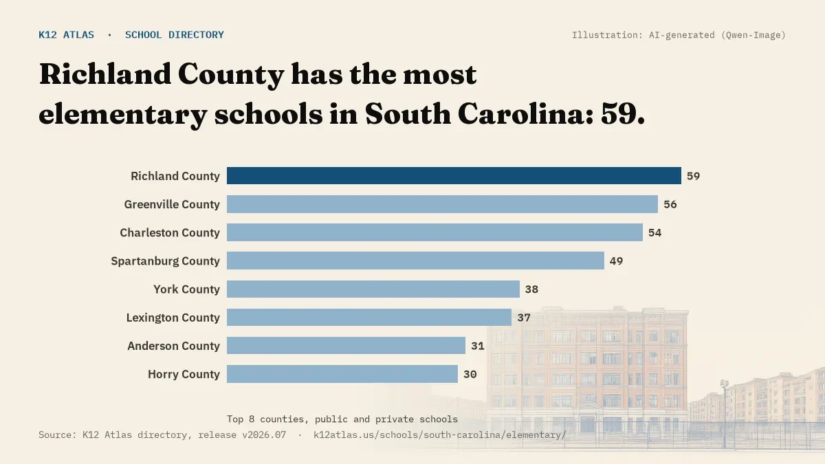 Bar chart of South Carolina counties by number of elementary schools: Richland County has the most, 59.