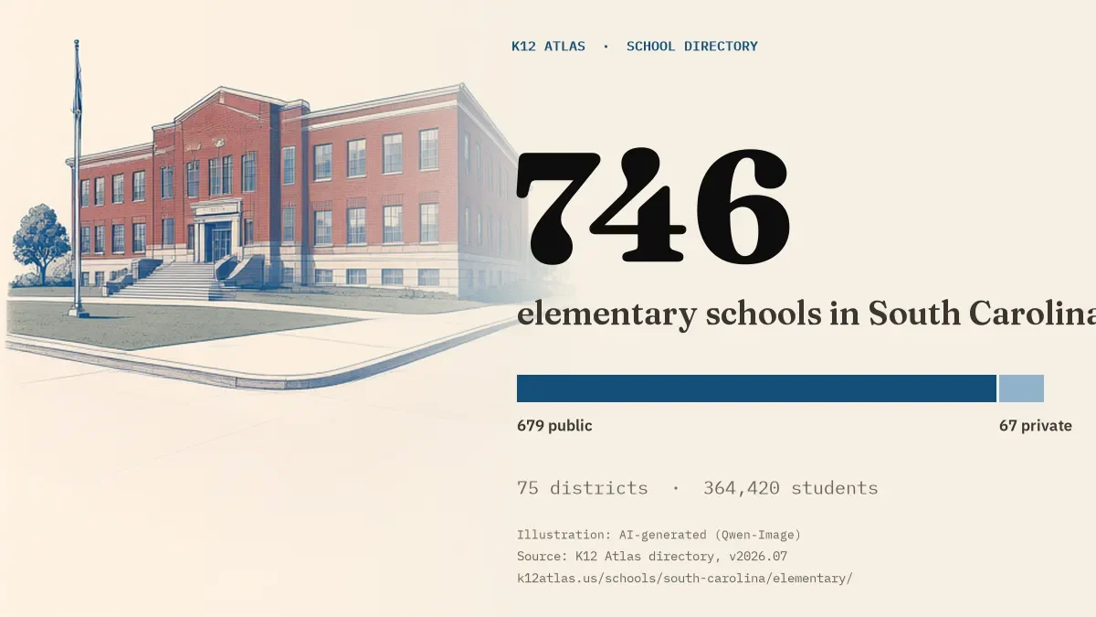 746 elementary schools in South Carolina: 679 public and 67 private, across 75 districts with 364,420 students.