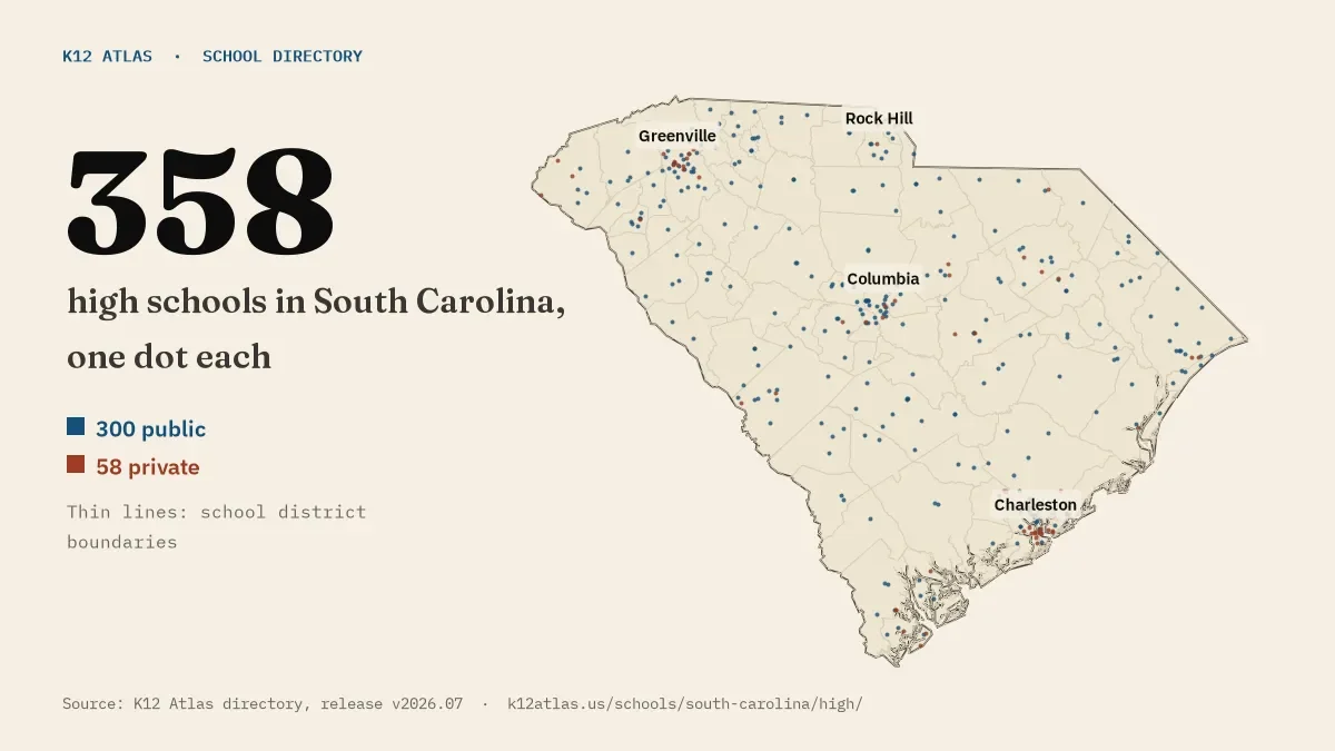 Map of South Carolina with one dot for each of its 358 mapped high schools, over school district boundaries.
