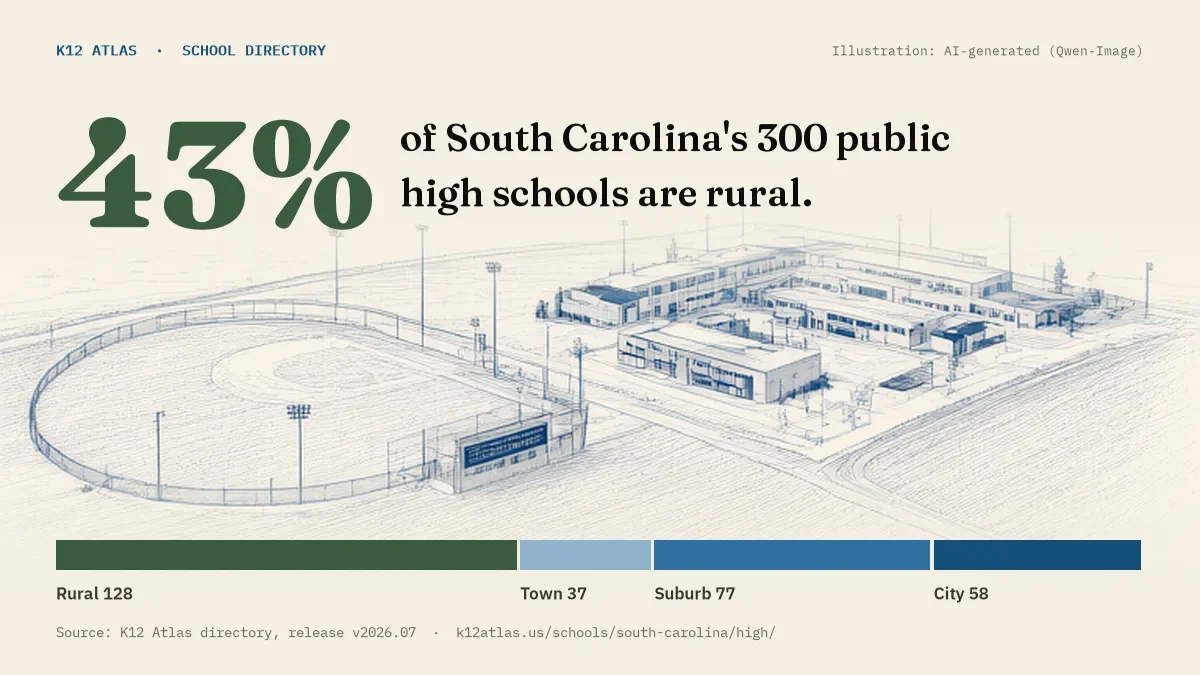 43% of South Carolina's 300 public high schools are rural (rural 128, town 37, suburb 77, city 58).