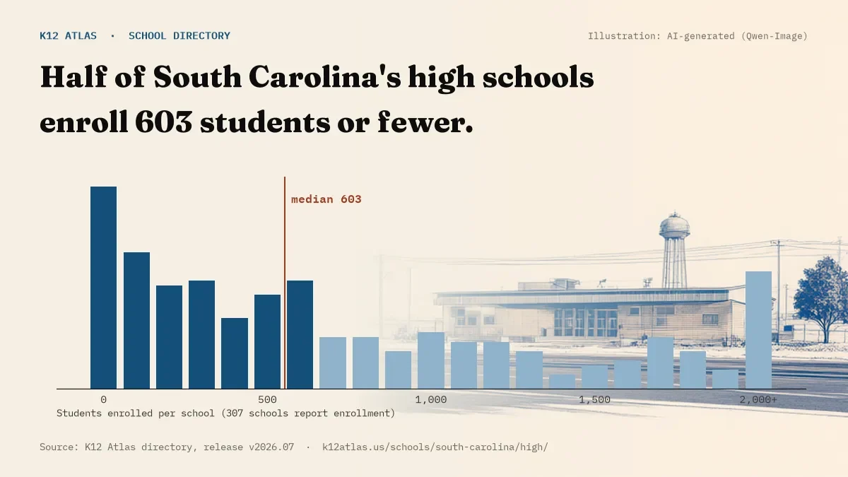 Histogram of enrollment: half of South Carolina's high schools enroll 603 students or fewer (307 schools report enrollment).
