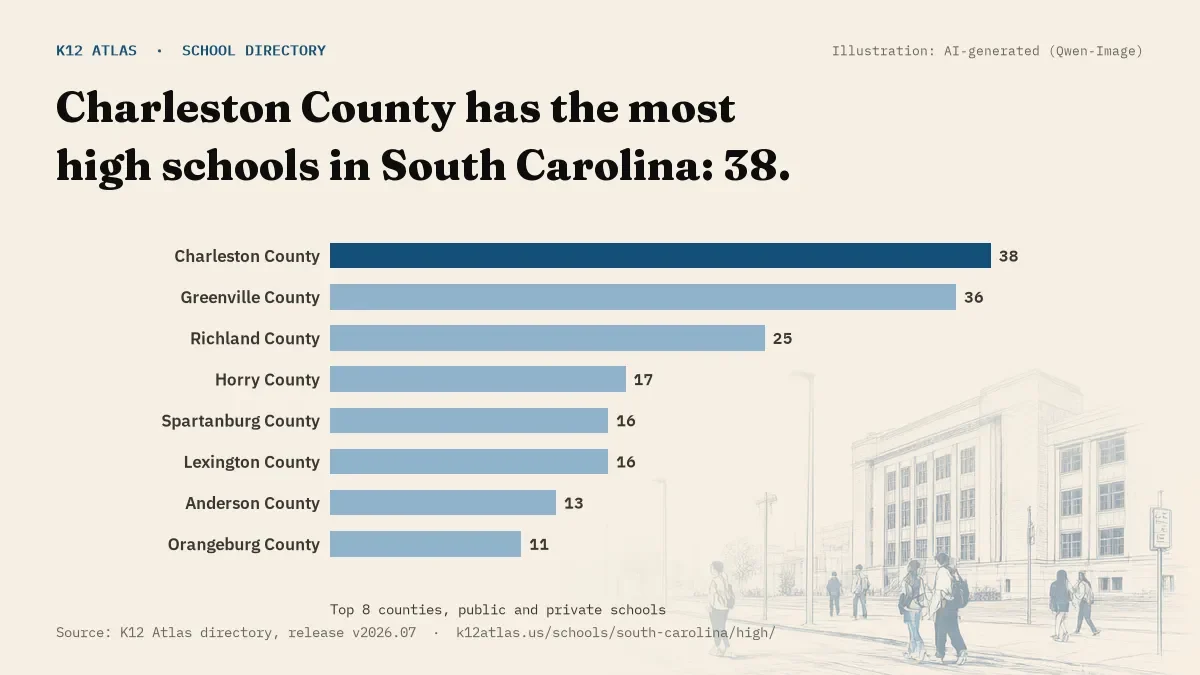 Bar chart of South Carolina counties by number of high schools: Charleston County has the most, 38.