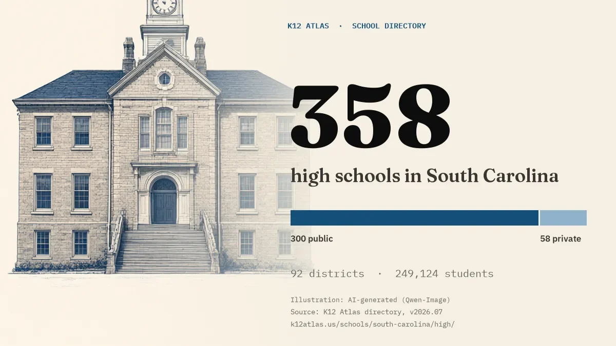 358 high schools in South Carolina: 300 public and 58 private, across 92 districts with 249,124 students.