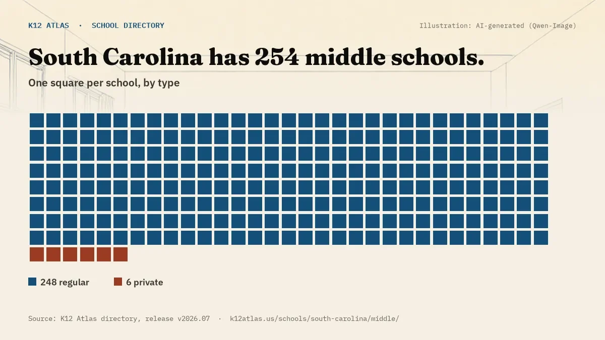 Waffle chart: South Carolina has 254 middle schools, one square per school, coloured by type (Regular School 248, Private School 6).