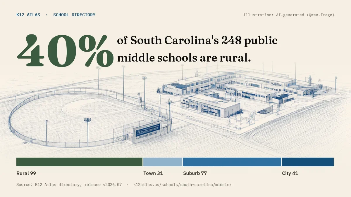 40% of South Carolina's 248 public middle schools are rural (rural 99, town 31, suburb 77, city 41).