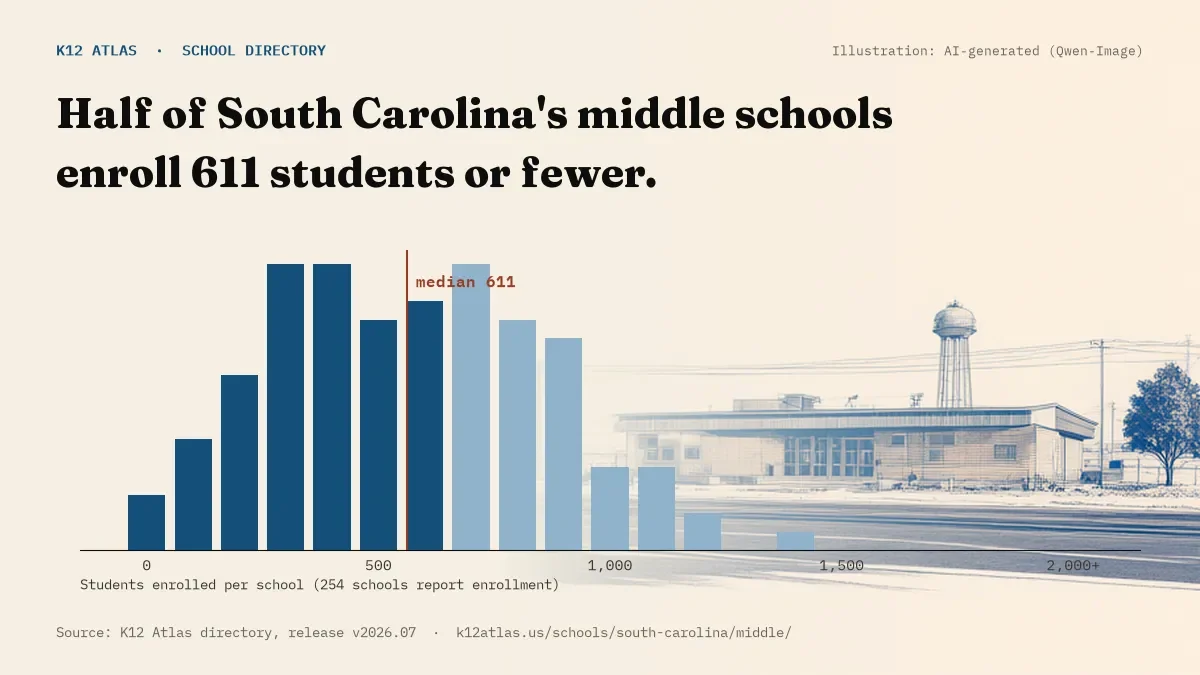 Histogram of enrollment: half of South Carolina's middle schools enroll 611 students or fewer (254 schools report enrollment).