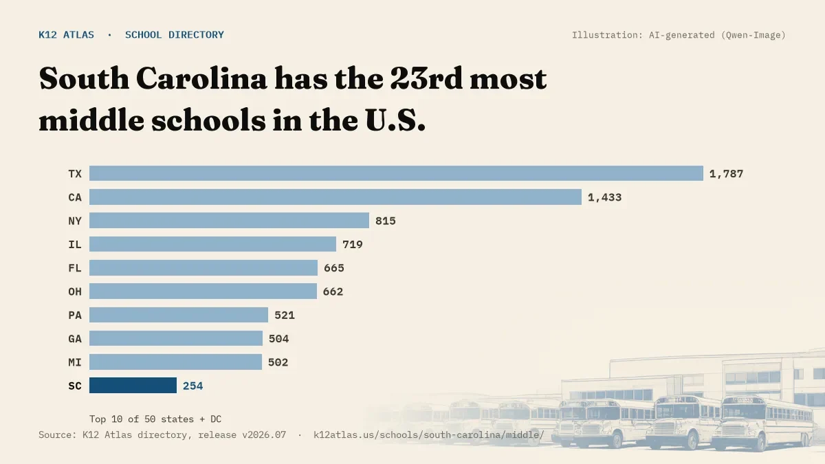 Bar chart of the states with the most middle schools: South Carolina has the 23rd most of the 50 states and DC, with 254.