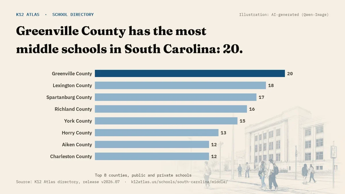 Bar chart of South Carolina counties by number of middle schools: Greenville County has the most, 20.