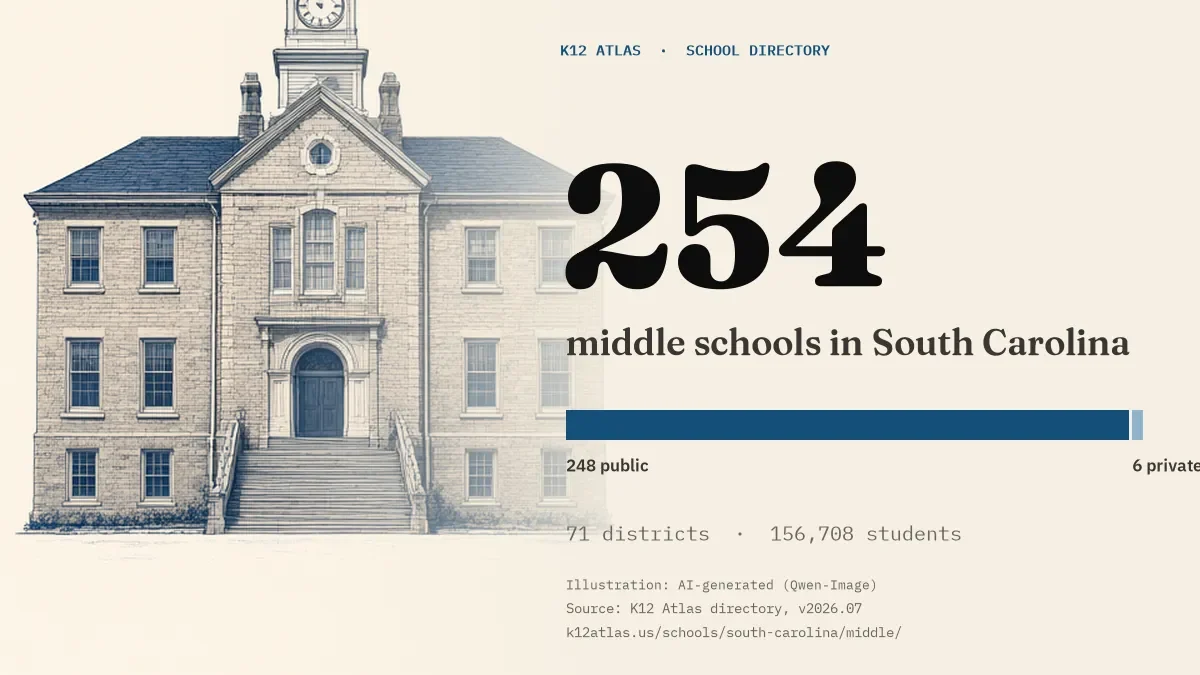 254 middle schools in South Carolina: 248 public and 6 private, across 71 districts with 156,708 students.