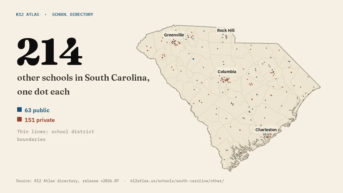 Map of South Carolina with one dot for each of its 214 mapped other schools, over school district boundaries.
