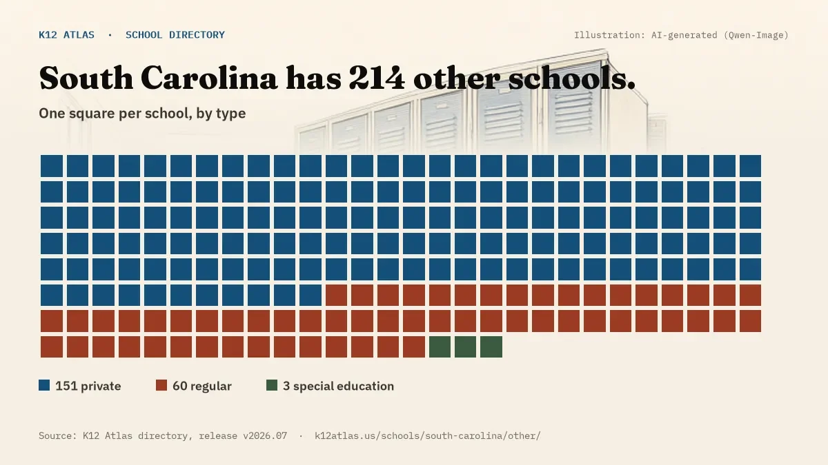 Waffle chart: South Carolina has 214 other schools, one square per school, coloured by type (Private School 151, Regular School 60, Special Education School 3).