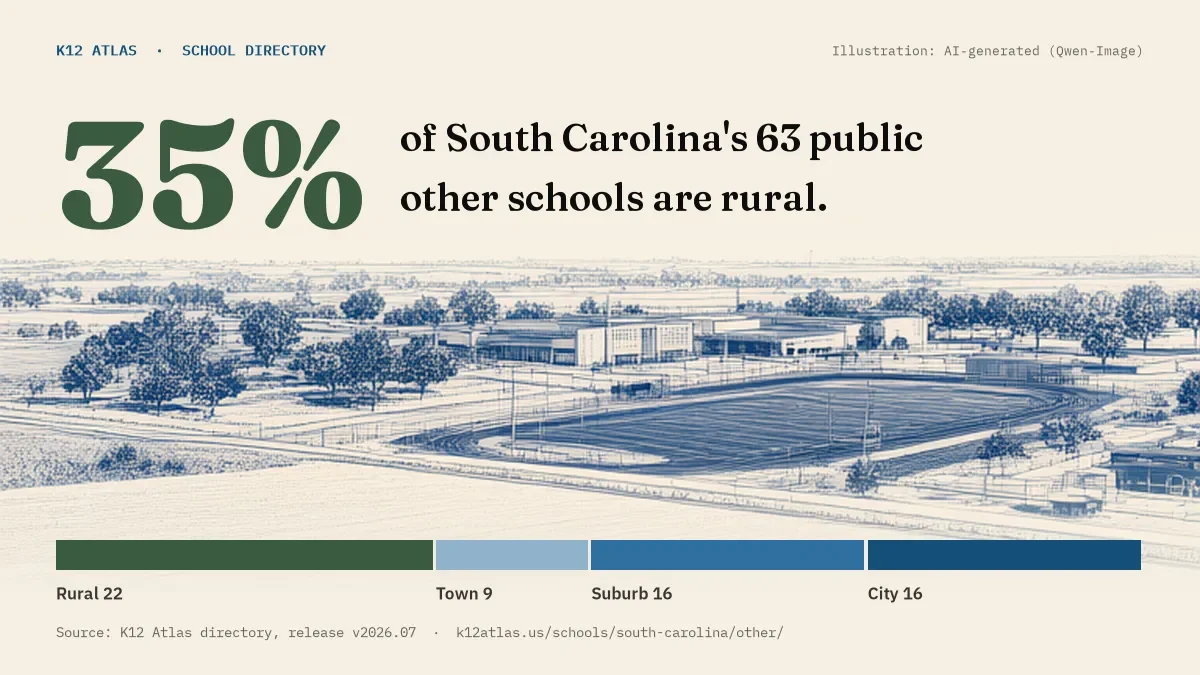 35% of South Carolina's 63 public other schools are rural (rural 22, town 9, suburb 16, city 16).