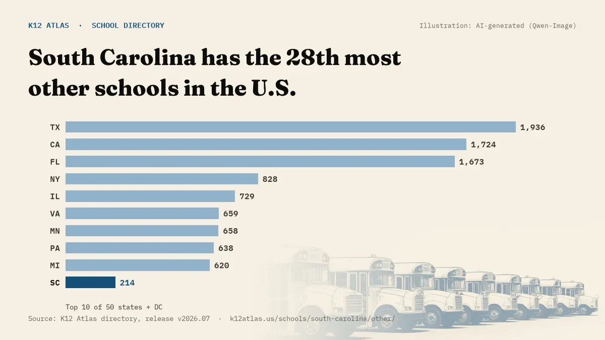 Bar chart of the states with the most other schools: South Carolina has the 28th most of the 50 states and DC, with 214.