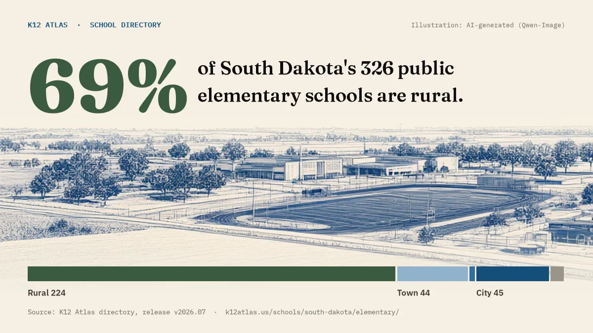 69% of South Dakota's 326 public elementary schools are rural (rural 224, town 44, suburb 4, city 45).