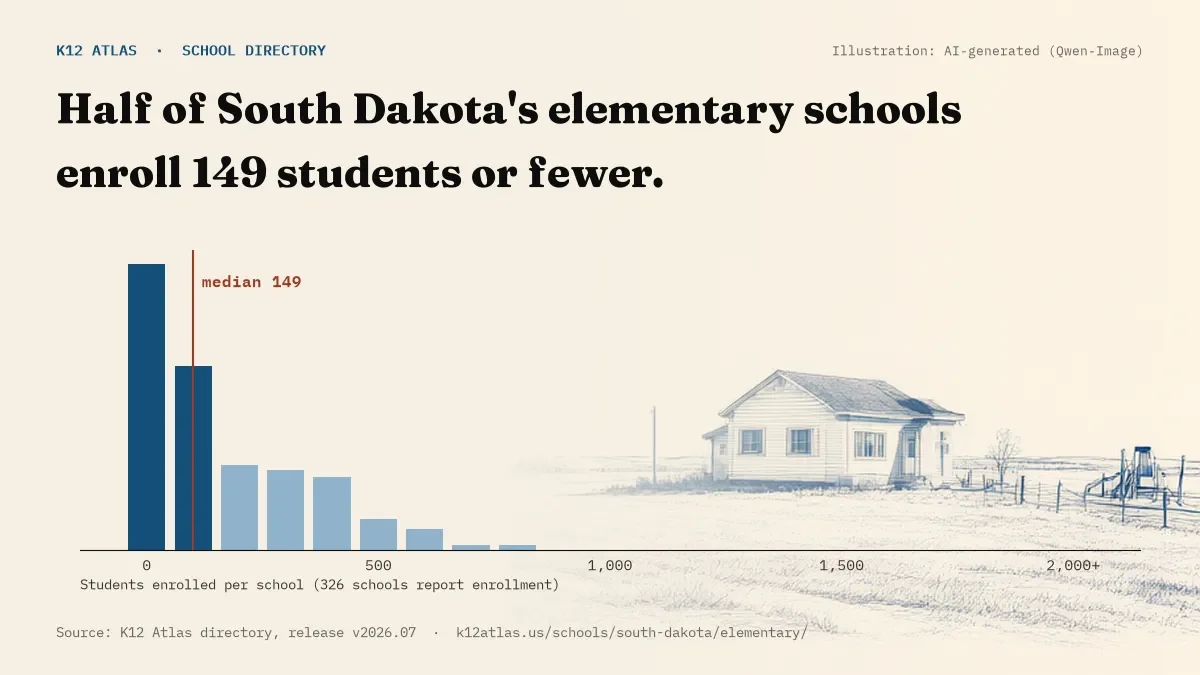 Histogram of enrollment: half of South Dakota's elementary schools enroll 149 students or fewer (326 schools report enrollment).