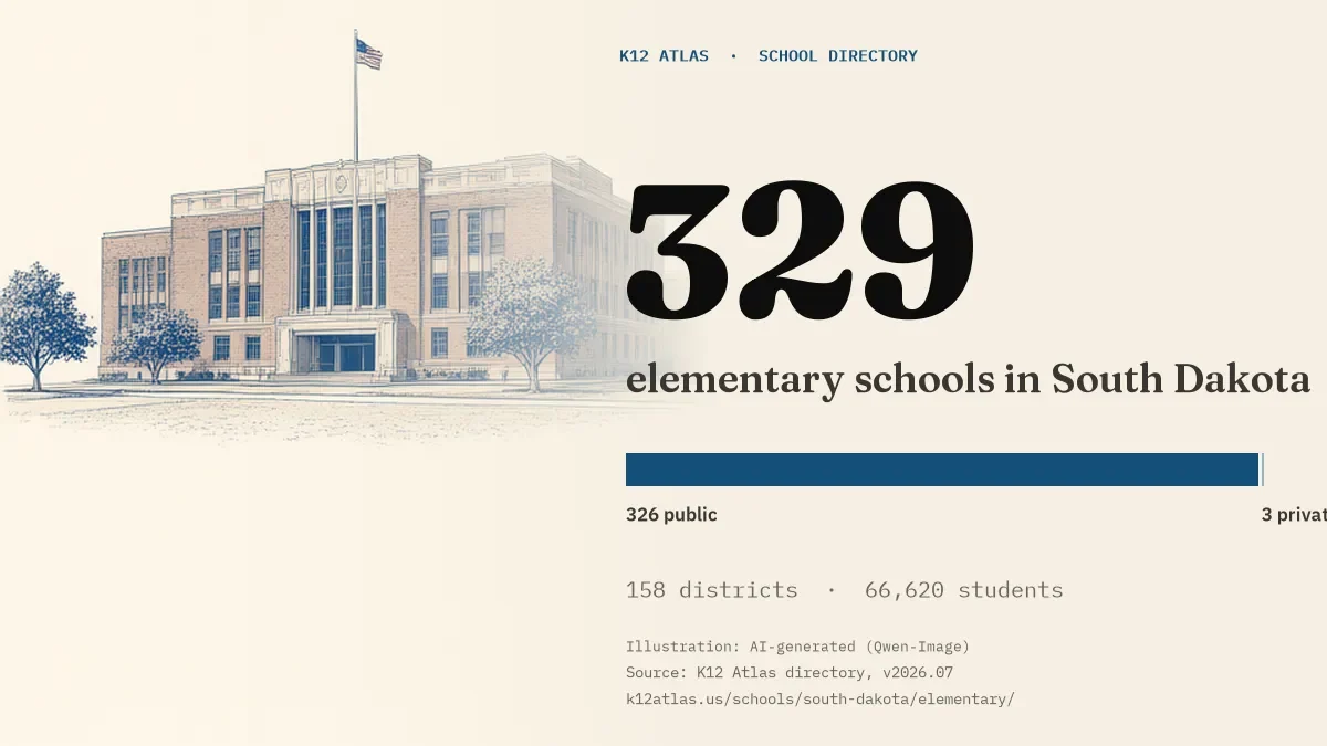 329 elementary schools in South Dakota: 326 public and 3 private, across 158 districts with 66,620 students.