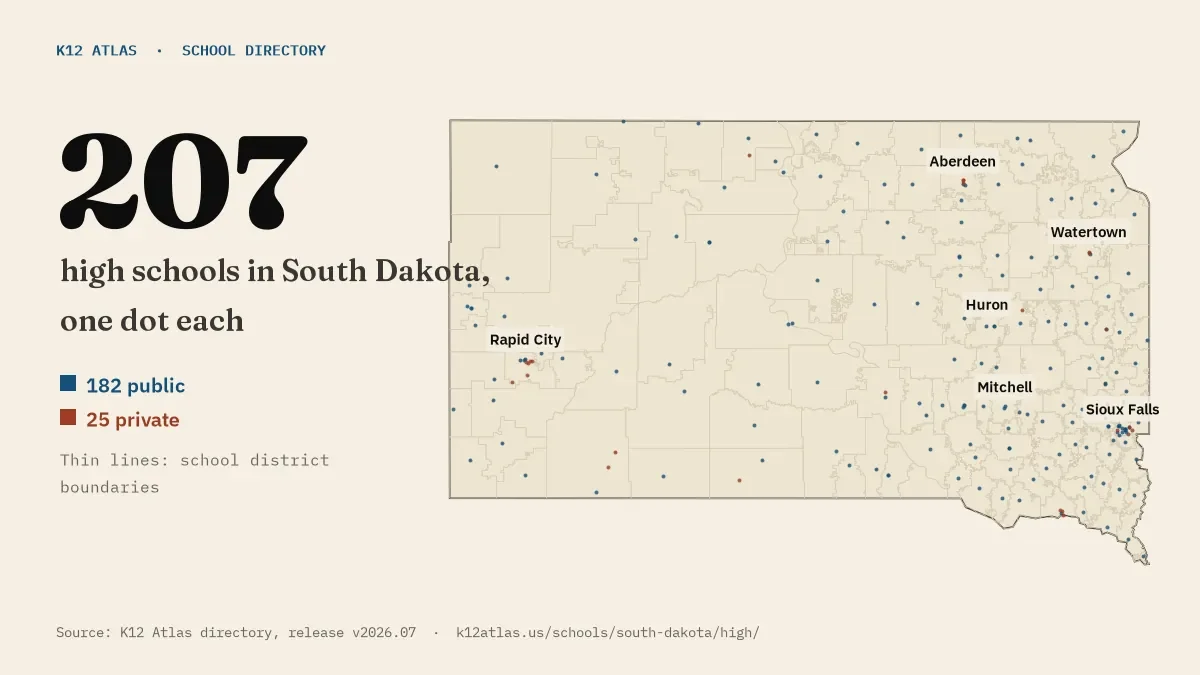 Map of South Dakota with one dot for each of its 205 mapped high schools, over school district boundaries.