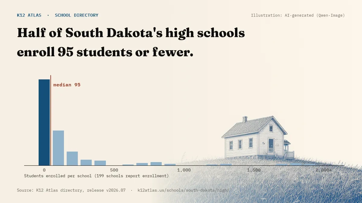 Histogram of enrollment: half of South Dakota's high schools enroll 95 students or fewer (199 schools report enrollment).