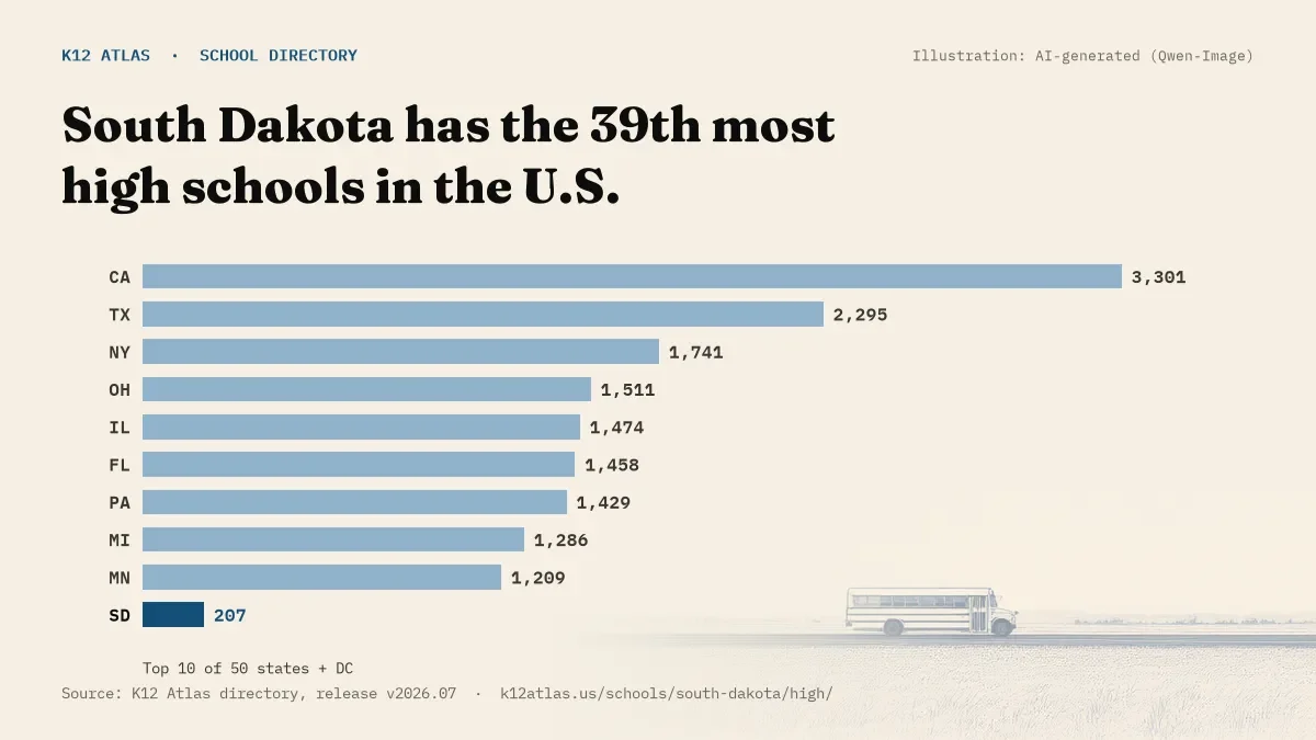 Bar chart of the states with the most high schools: South Dakota has the 39th most of the 50 states and DC, with 207.