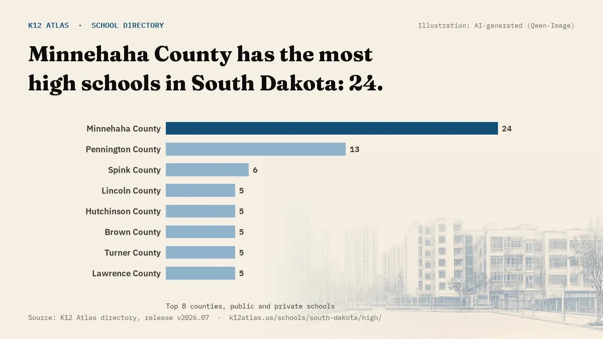 Bar chart of South Dakota counties by number of high schools: Minnehaha County has the most, 24.