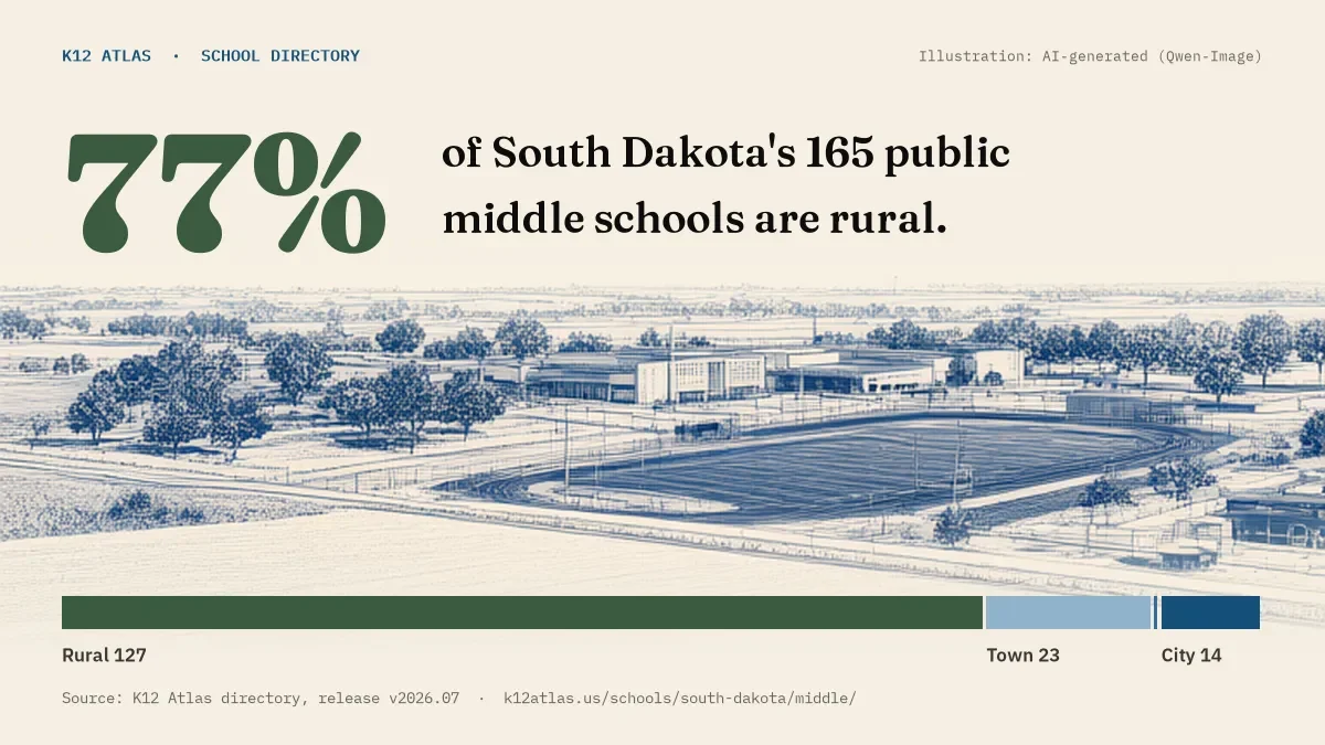 77% of South Dakota's 165 public middle schools are rural (rural 127, town 23, suburb 1, city 14).