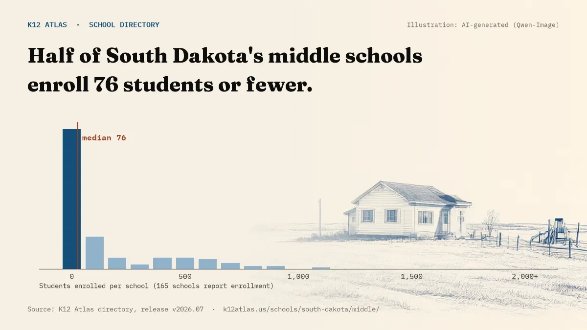 Histogram of enrollment: half of South Dakota's middle schools enroll 76 students or fewer (165 schools report enrollment).