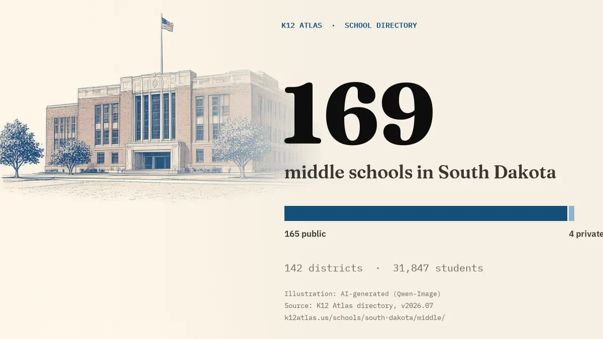 169 middle schools in South Dakota: 165 public and 4 private, across 142 districts with 31,847 students.