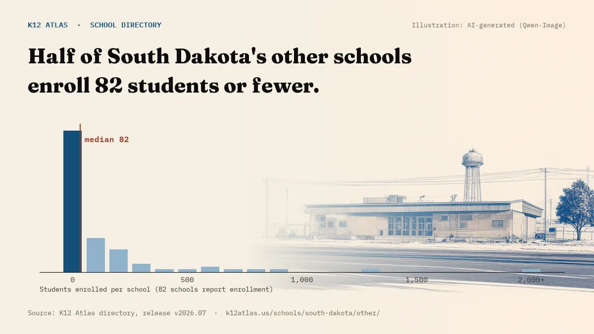 Histogram of enrollment: half of South Dakota's other schools enroll 82 students or fewer (82 schools report enrollment).
