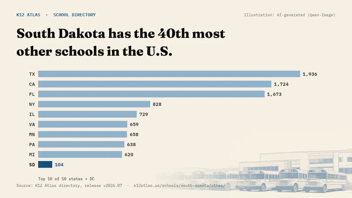 Bar chart of the states with the most other schools: South Dakota has the 40th most of the 50 states and DC, with 104.