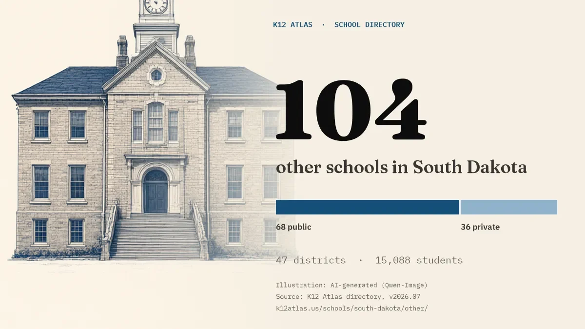 104 other schools in South Dakota: 68 public and 36 private, across 47 districts with 15,088 students.