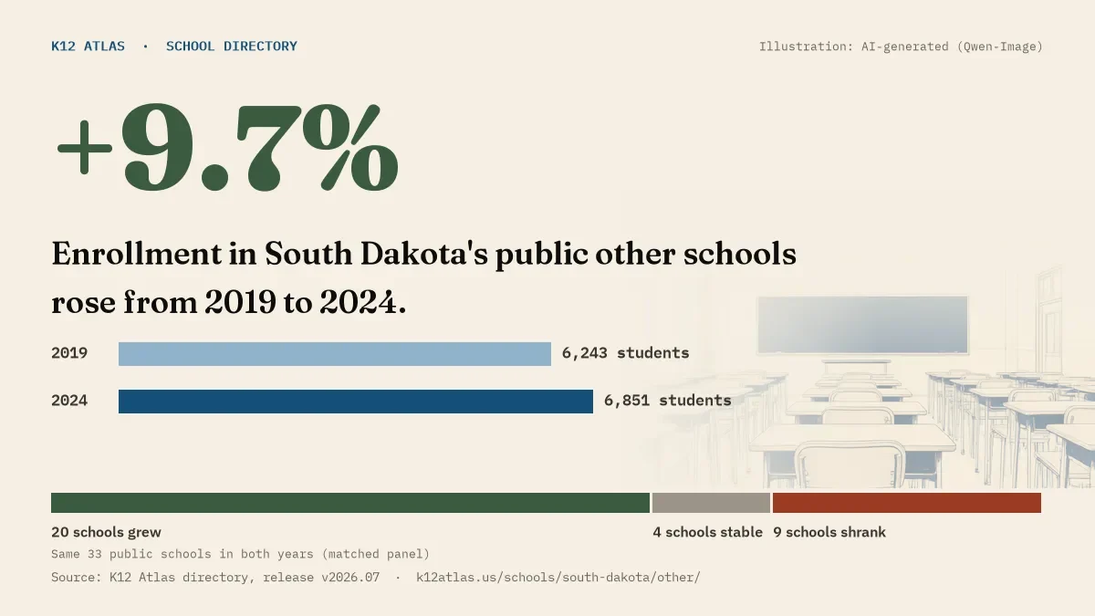 Enrollment in South Dakota's public other schools rose 9.7% from 2019 to 2024, 6,243 to 6,851 students in the same 33 schools; 20 grew and 9 shrank.