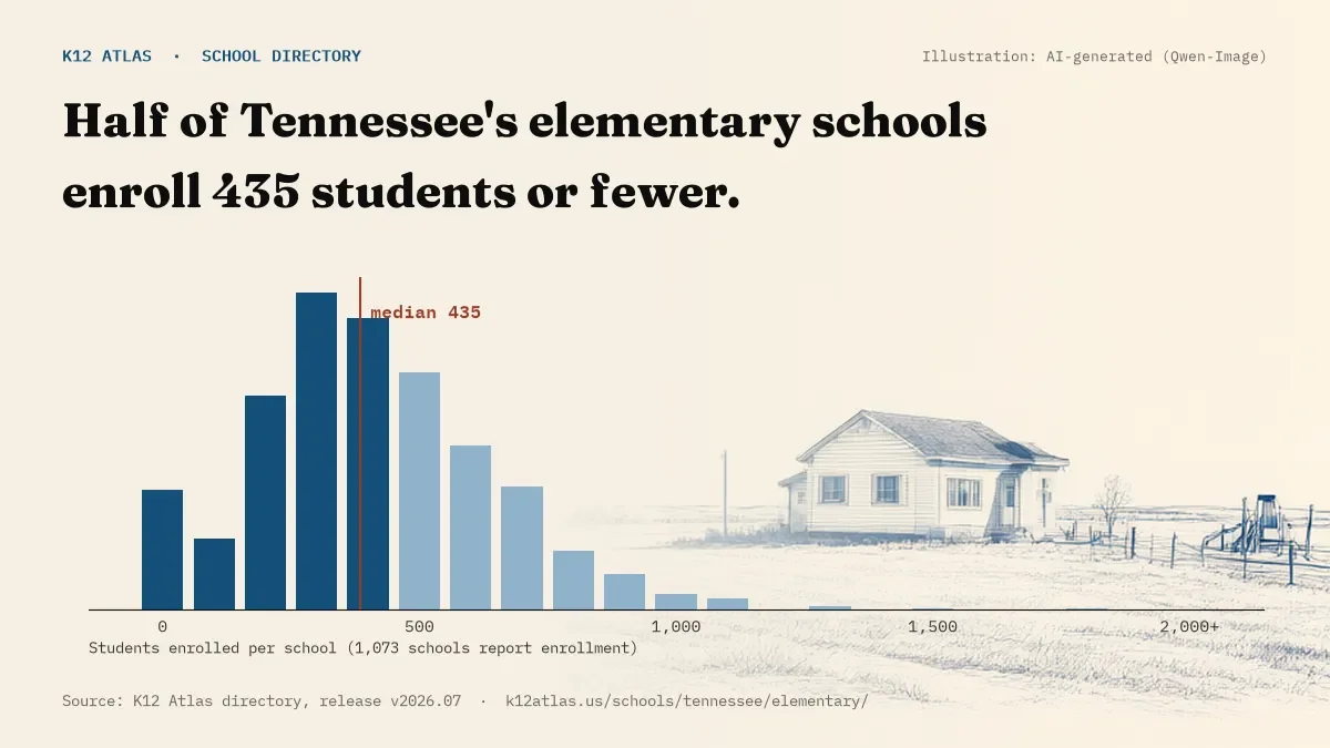 Histogram of enrollment: half of Tennessee's elementary schools enroll 435 students or fewer (1,073 schools report enrollment).