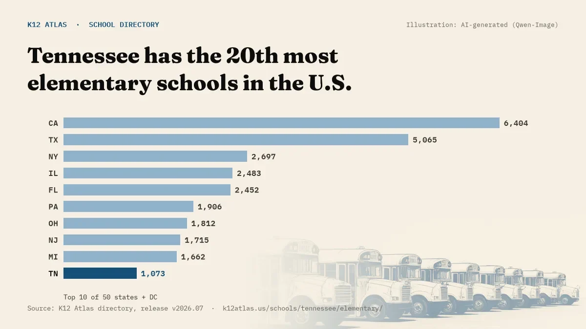 Bar chart of the states with the most elementary schools: Tennessee has the 20th most of the 50 states and DC, with 1,073.